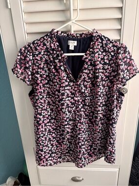 J. Crew Navy Floral Short-Sleeve Ruffle-Neck Blouse